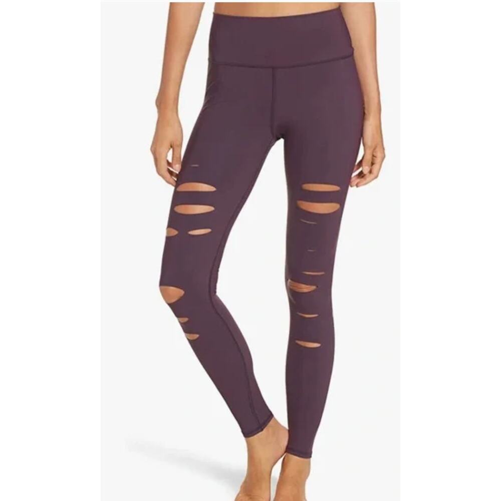 ALO High-Waist Ripped Warrior Laser Cutout Leggings in "Eggplant" - size small